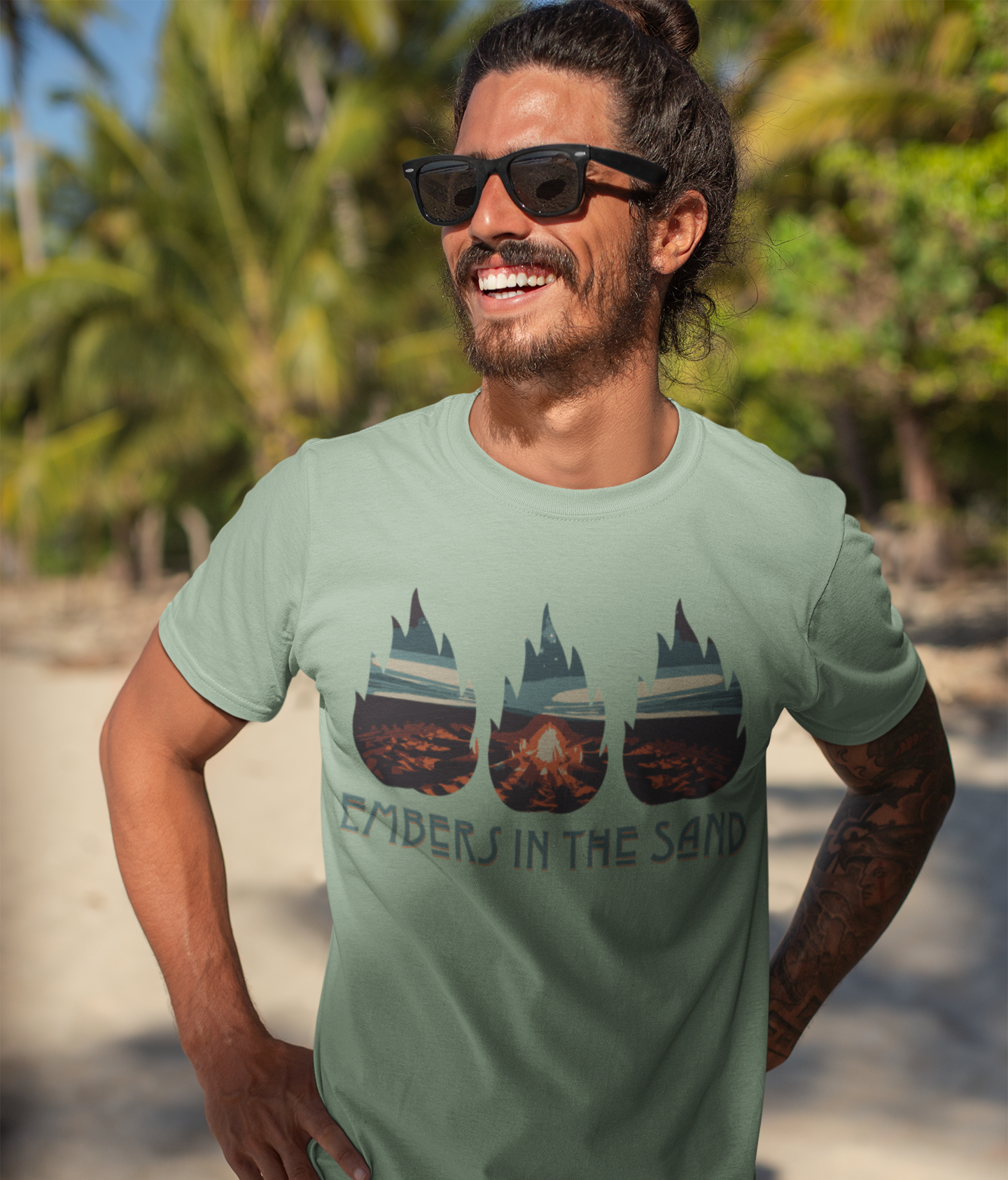 Bonfire, Beach, T-Shirt, Bay, Green, Sunset