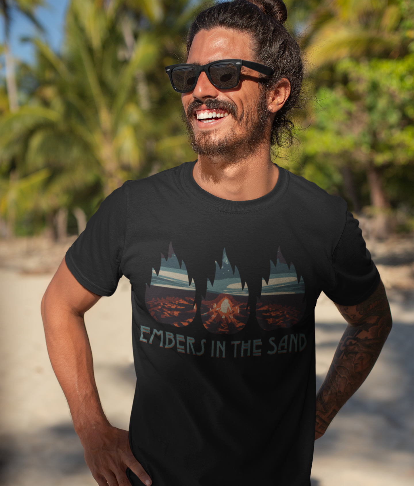 Bonfire, Beach, T-Shirt, Black, Sunset